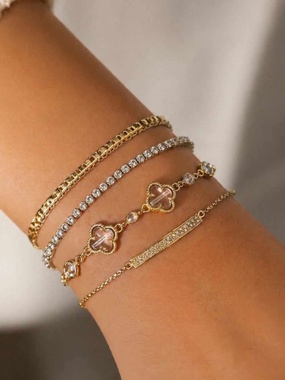 Gold Multi-Row Crystal & Clover Bracelet Set